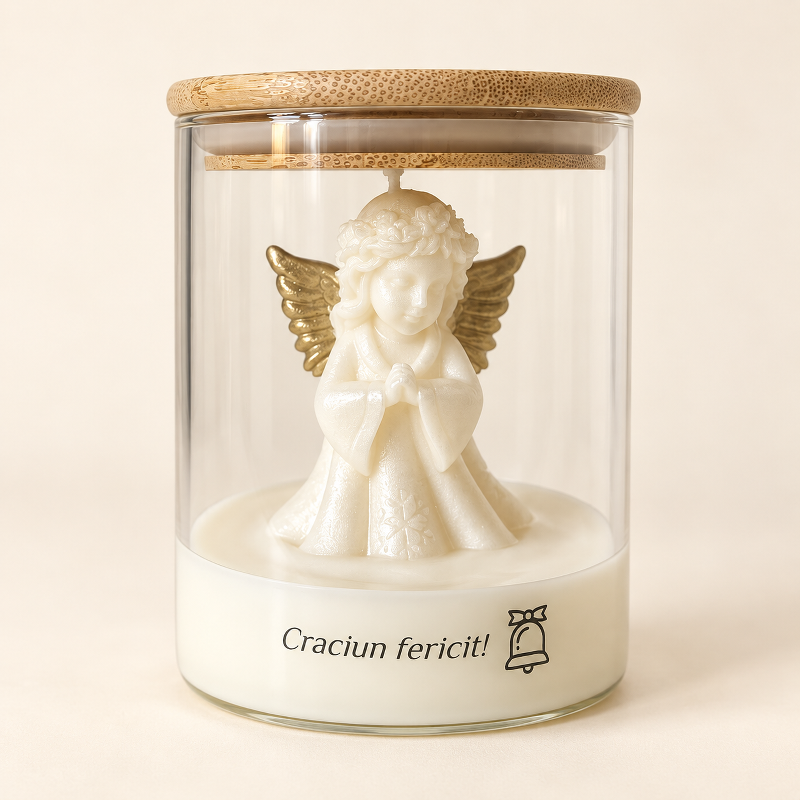 Lumânări tematice de Crăciun handmade - Lumânare decorativă din ceară de soia „Magia Crăciunului - Ingeras Auriu”