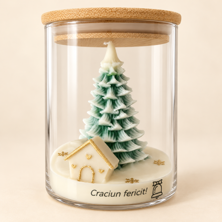 Lumânare decorativă din ceară de soia „Magia Crăciunului - Bradut verde cu zapada”