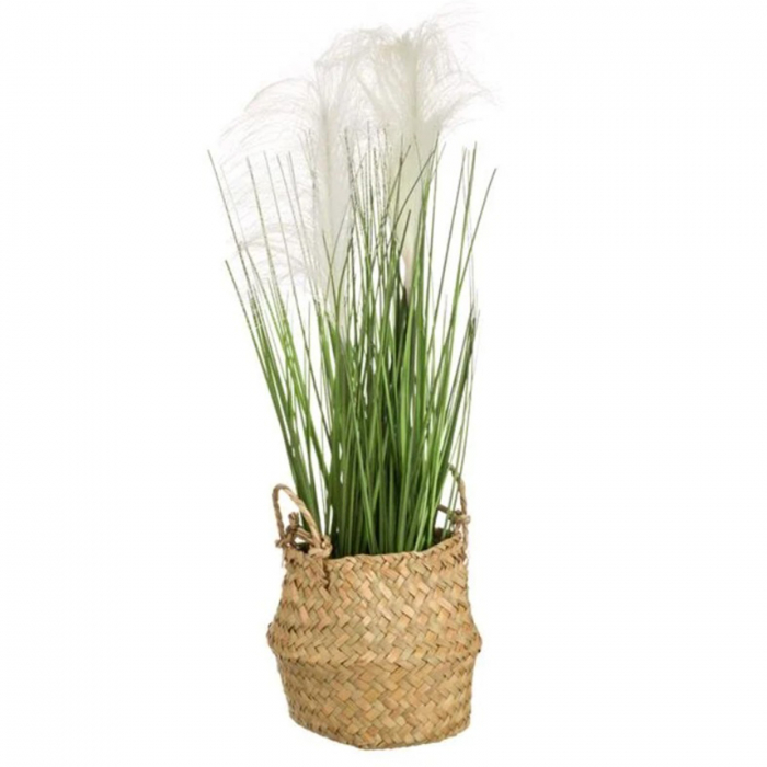 Ghiveci tip cos cu iarba si flori albe artificiale [1]