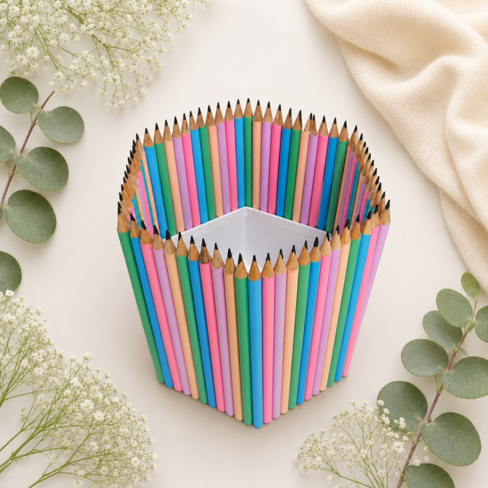 Suport decorativ hexagonal din creioane colorate pastel [1]