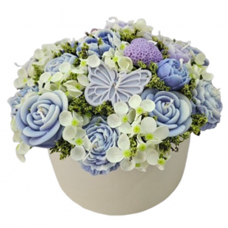 Aranjamente flori din ceara de soia - Aranjament floral cu hortensii si flori mov in cutie mare