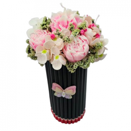 Aranjamente flori din ceara de soia - Aranjament flori roz in suport de creioane