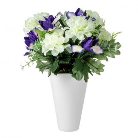 Produse tematice - Buchet flori artificiale alb si mov in vaza