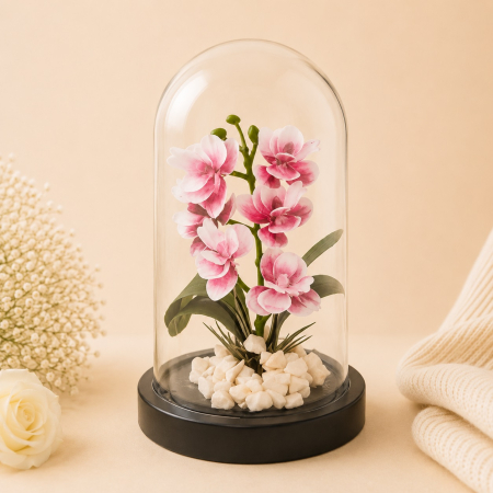 Aranjamente si decoratiuni florale - Cupola cu orhidee roz artificiala