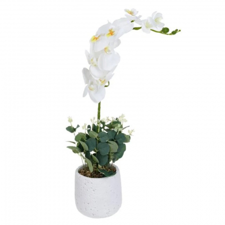 Aranjamente flori plastic - Ghiveci alb din ceramica cu orhidee artificiala alba