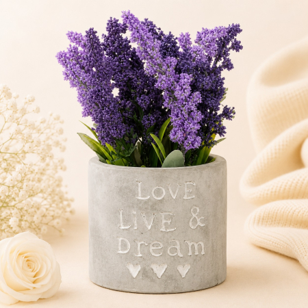 Aranjamente si decoratiuni florale - Ghiveci ceramic decorativ gri cu lavanda artificiala