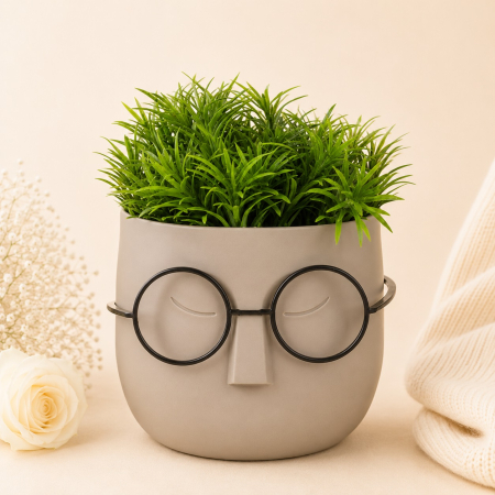 Aranjamente flori plastic - Ghiveci cu ochelari si planta artificiala verde