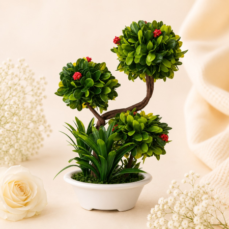 Aranjamente si decoratiuni florale - Ghiveci decorativ alb cu bonsai si cu flori rosii