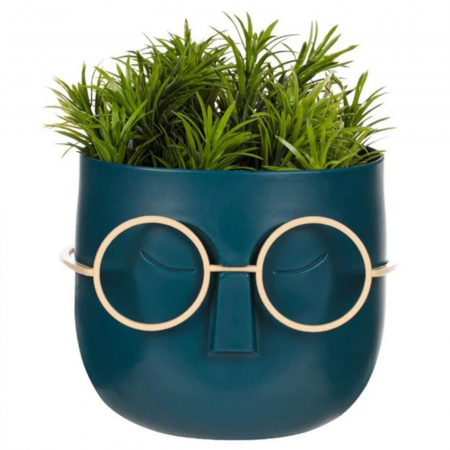 Aranjamente flori plastic - Ghiveci decorativ albastru cu planta artificiala