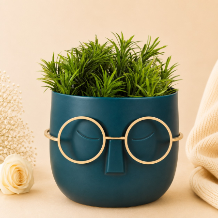 Aranjamente si decoratiuni florale - Ghiveci decorativ albastru cu planta artificiala