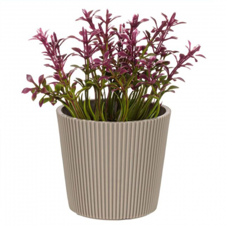 Aranjamente flori plastic - Ghiveci decorativ bej cu floare artificiala bordo