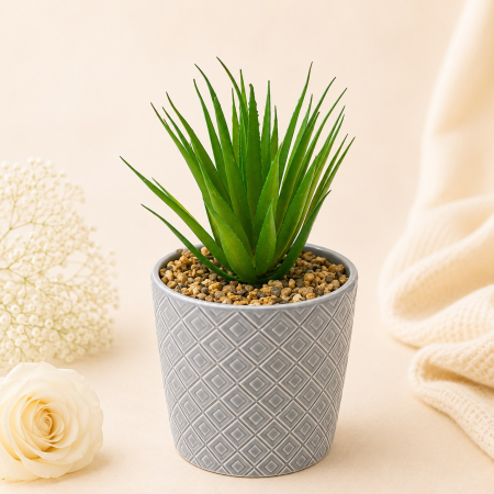 Aranjamente flori plastic - Ghiveci decorativ ceramic cu cactus artificial
