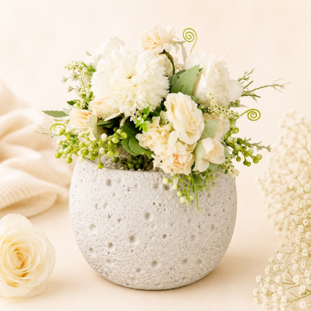 Aranjamente flori plastic - Ghiveci decorativ din ciment alb cu floare artificiala