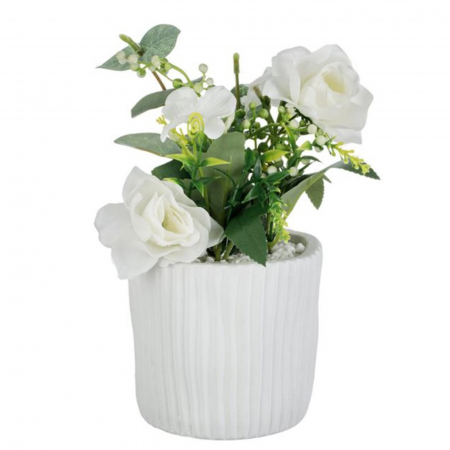Aranjamente flori plastic - Ghiveci decorativ din ciment cu trandafiri albi artificiali