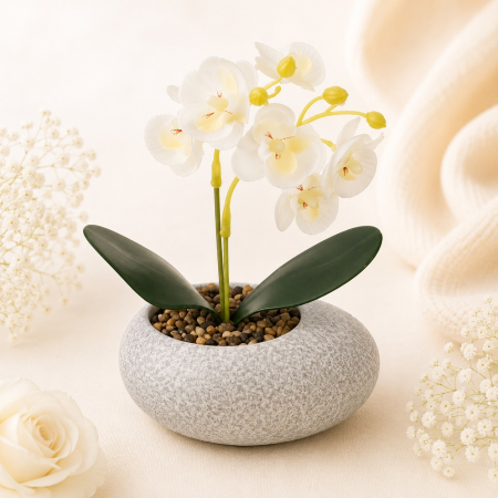 Aranjamente si decoratiuni florale - Ghiveci decorativ din piatra cu planta artificiala orhidee