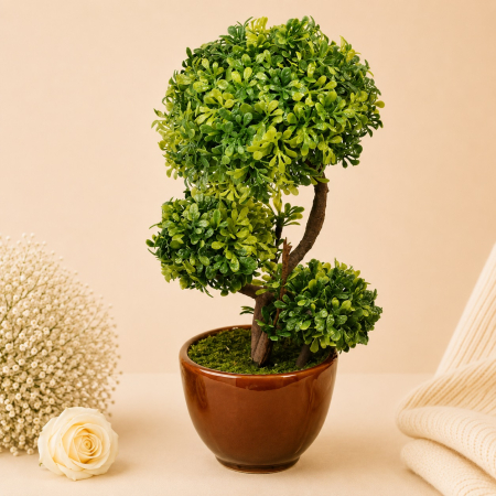 Aranjamente si decoratiuni florale - Ghiveci decorativ maroniu cu planta artificiala bonsai