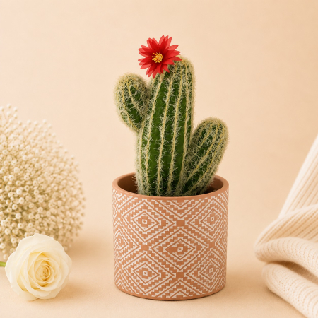 Aranjamente si decoratiuni florale - Ghiveci din ceramica cu cactus verde si floare rosie artificiala