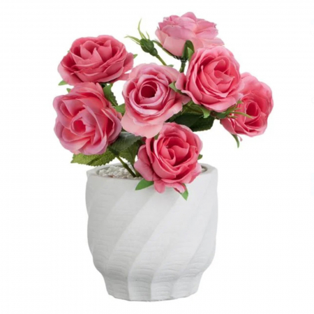 Aranjamente si decoratiuni florale - Ghiveci din ciment alb cu trandafiri roz artificiali