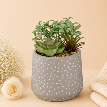 Aranjamente flori plastic - Ghiveci din ciment cu buline si plante artificiale si pietricele