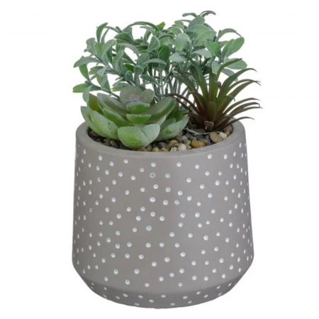 Aranjamente flori plastic - Ghiveci din ciment cu buline si plante artificiale si pietricele