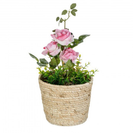 Aranjamente flori plastic - Ghiveci din paie cu trandafir artificial roz