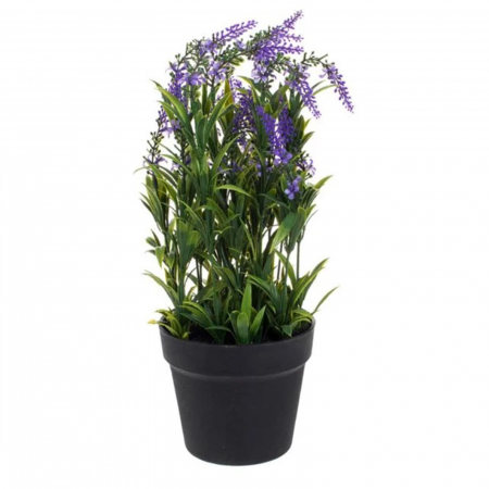 Aranjamente flori plastic - Ghiveci din plastic negru cu lavanda artificiala