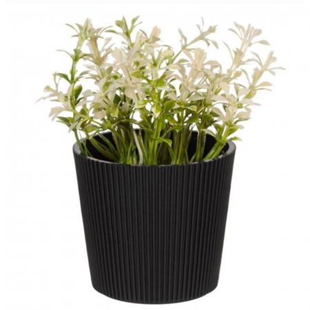Aranjamente flori plastic - Ghiveci din plastic negru cu planta artificiala alba