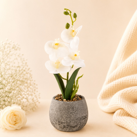 Aranjamente si decoratiuni florale - Ghiveci gri decorativ cu orhidee alba artificiala