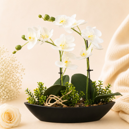 Aranjamente si decoratiuni florale - Ghiveci in forma de barcuta cu orhidee artificiala