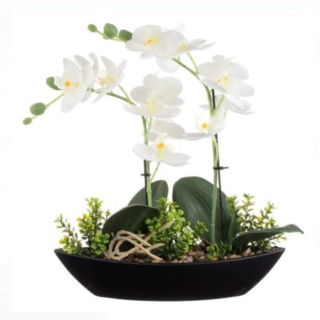 Aranjamente flori plastic - Ghiveci in forma de barcuta cu orhidee artificiala