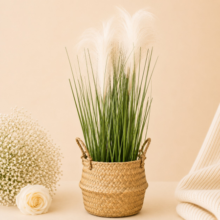 Aranjamente si decoratiuni florale - Ghiveci tip cos cu iarba si flori albe artificiale