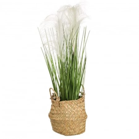 Aranjamente flori plastic - Ghiveci tip cos cu iarba si flori albe artificiale