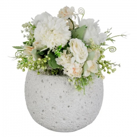 Produse tematice - Ghiveci decorativ din ciment alb cu floare artificiala