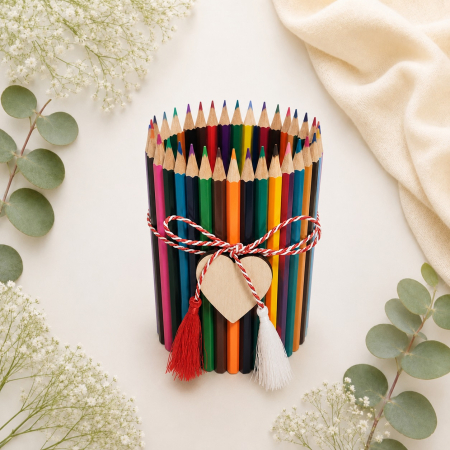 Decoratiuni Handmade - Suport decorativ rotund din creioane colorate cu inimioara
