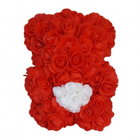 Aranjamente flori plastic - Ursulet rosu cu inima alba din flori artificiale