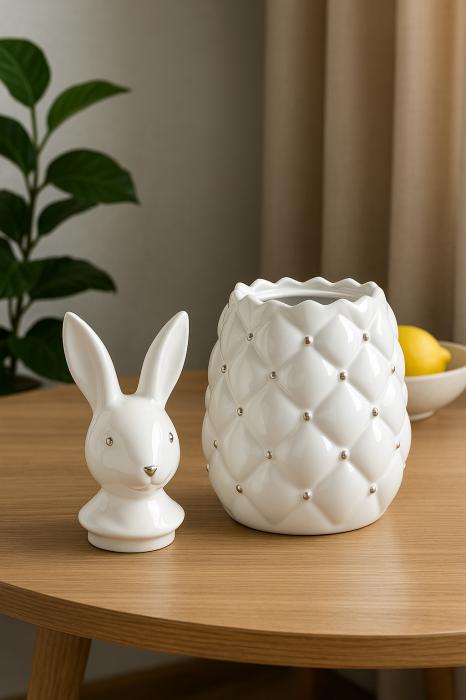 Recipient decorativ din ceramica – capac iepure, alb cu detalii argintii [2]