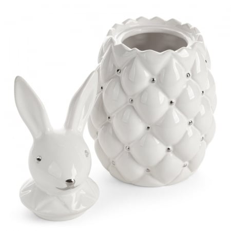 Veselă și accesorii - Recipient decorativ din ceramica – capac iepure, alb cu detalii argintii