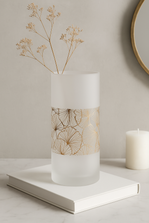 Vaza decorativa din sticla mata cu model floral auriu – 15x40 cm [1]