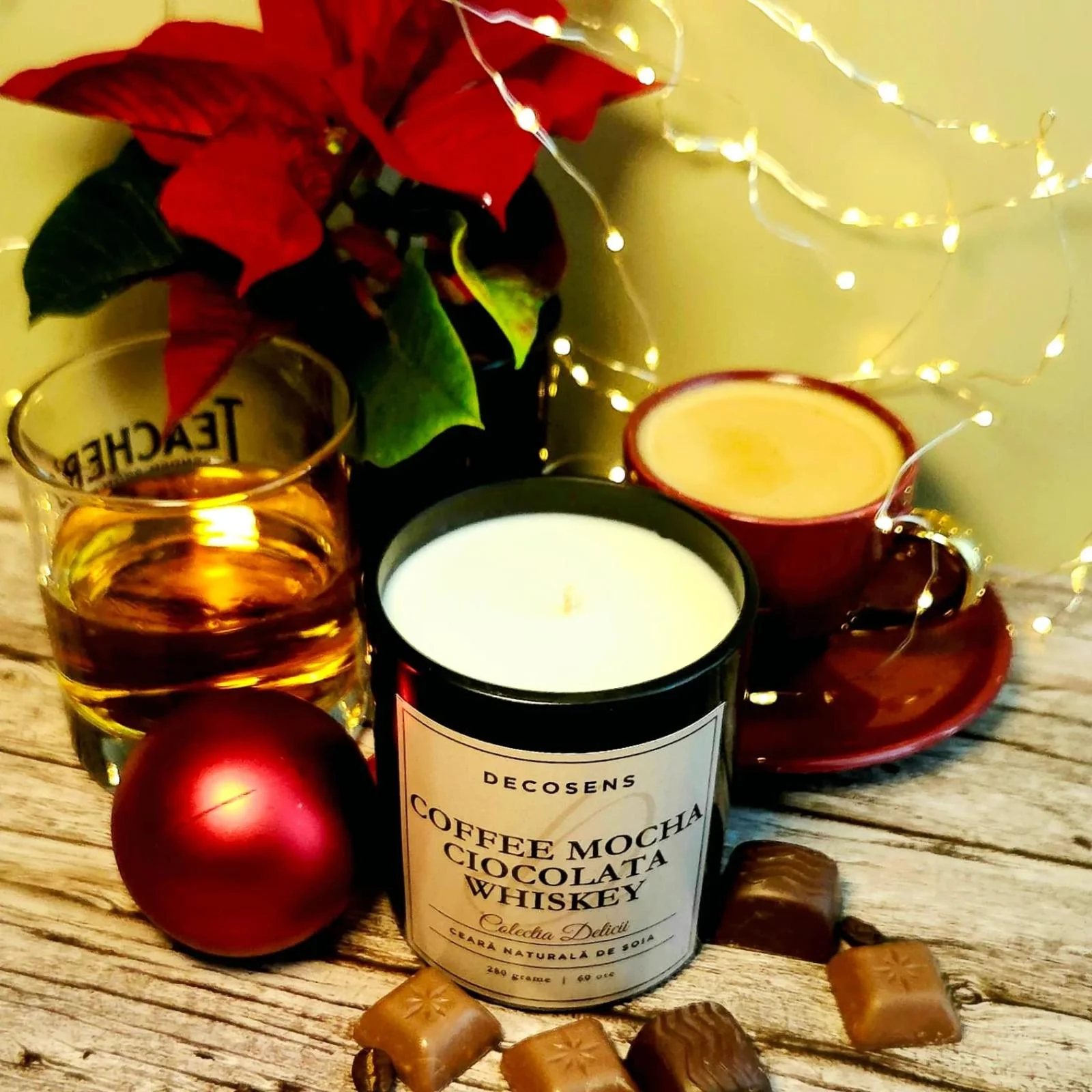 Lumanare parfumata naturala Coffee Mocha - Ciocolata - Whiskey, gurmanda si intensa in recipient de sticla neagra cu capac auriu,Decosens [2]