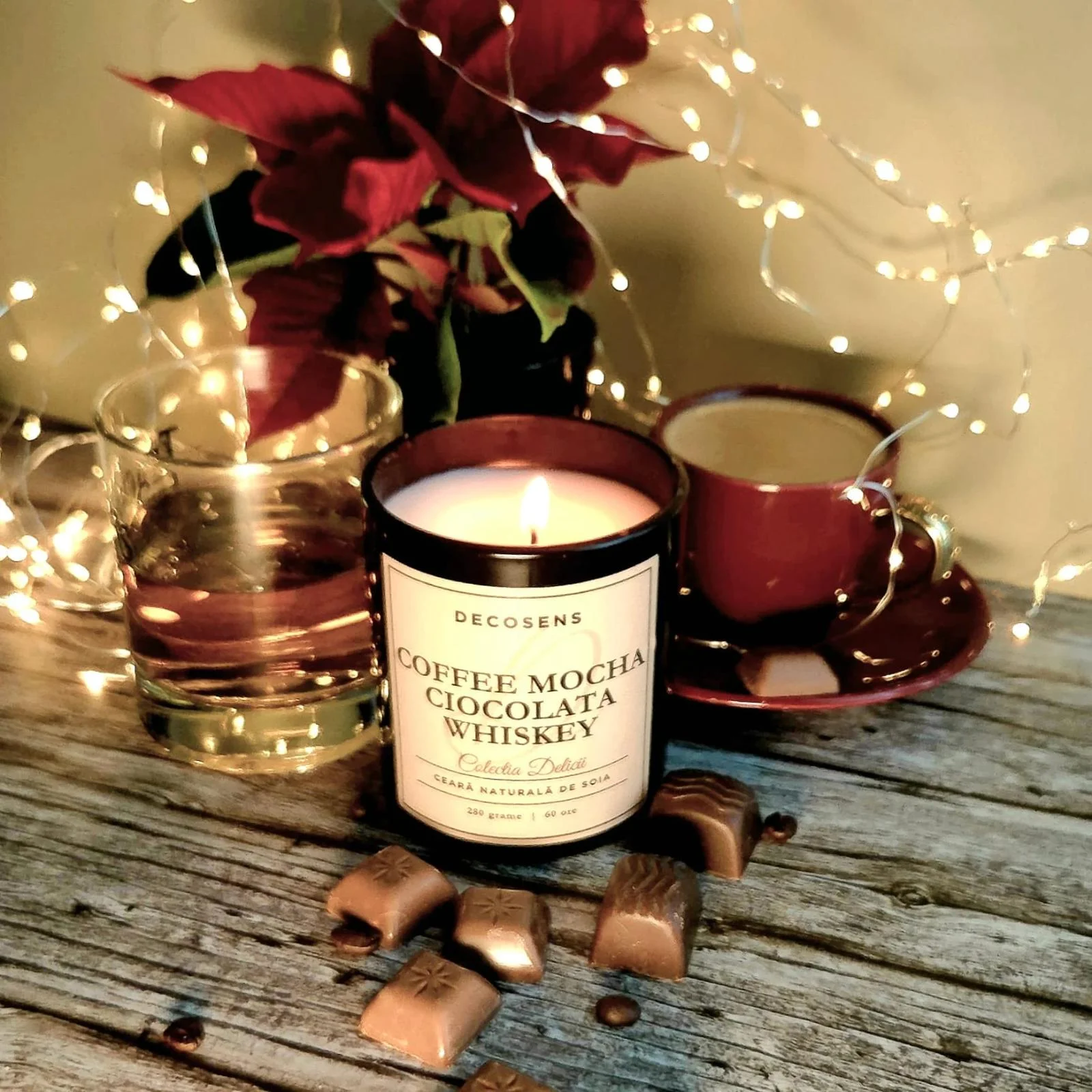 Lumanare parfumata naturala Coffee Mocha - Ciocolata - Whiskey, gurmanda si intensa in recipient de sticla neagra cu capac auriu,Decosens [3]