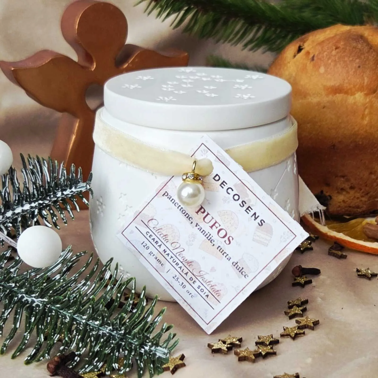 Lumanare parfumata Pufos- panettone, recipient ceramic alb [4]