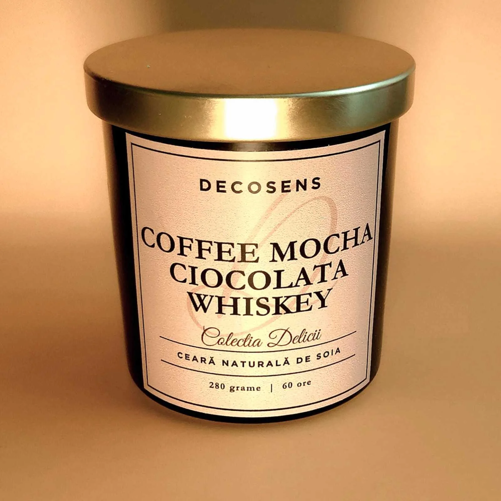Lumanare parfumata naturala Coffee Mocha - Ciocolata - Whiskey, gurmanda si intensa in recipient de sticla neagra cu capac auriu,Decosens [3]