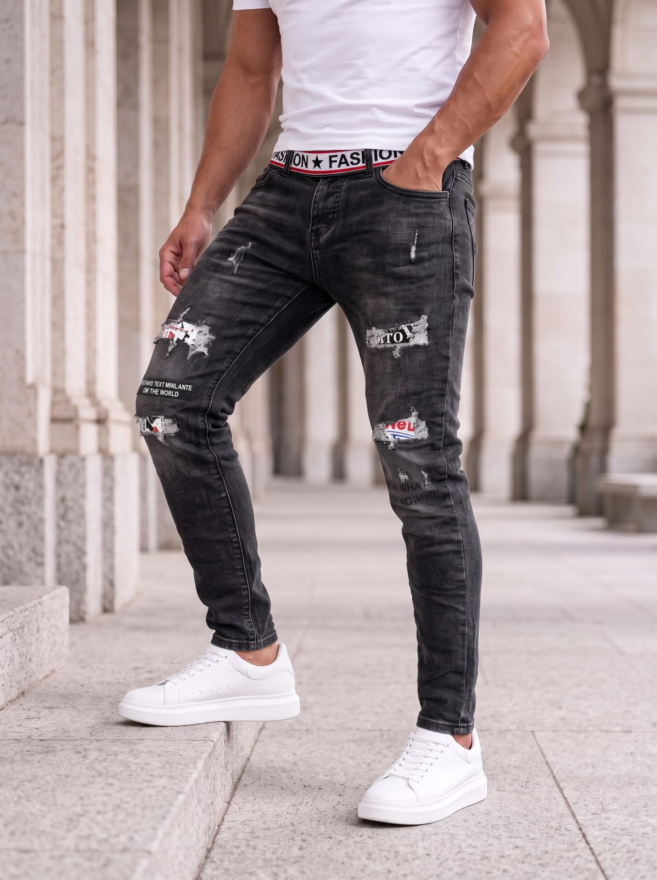 Blugi Slim Fit Negri cu Imprimeuri Fizze [2]