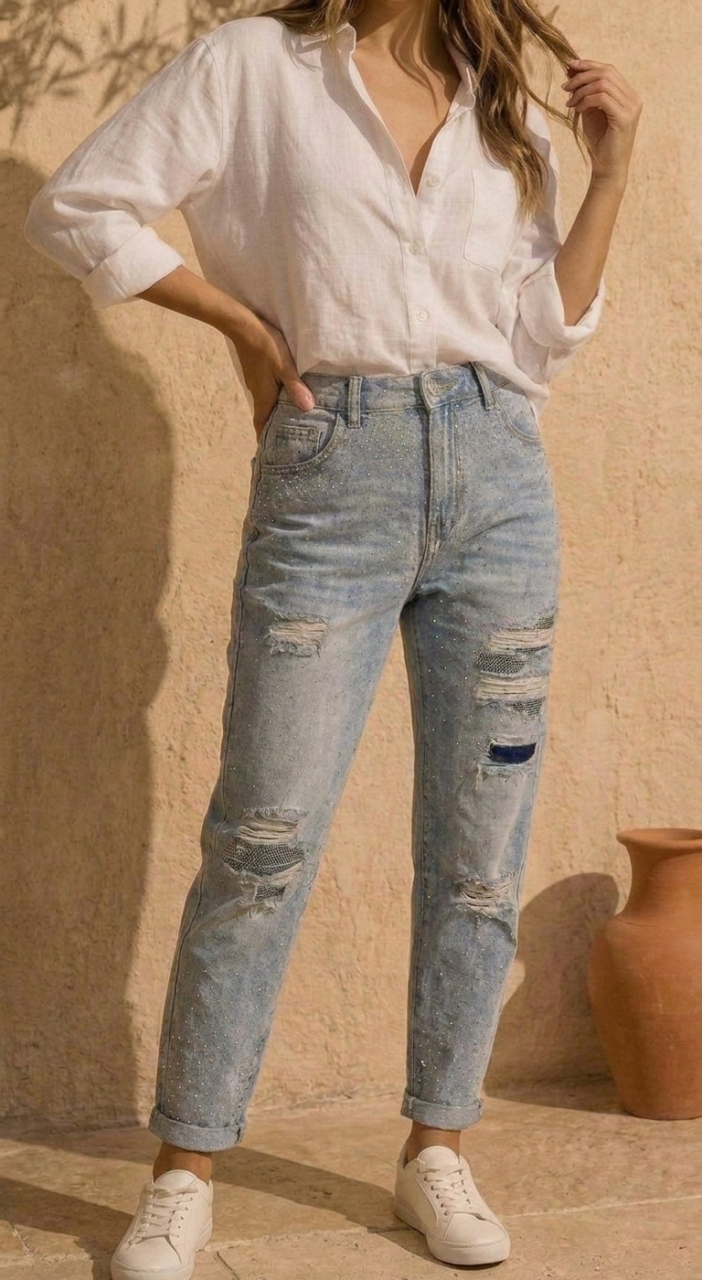 Blugi Baggy Fit cu Strasuri Del Sole [2]