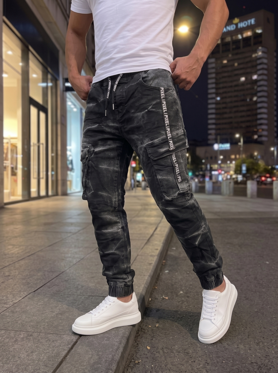 Blugi Jogger Negru Marble Effect cu Elastic [3]