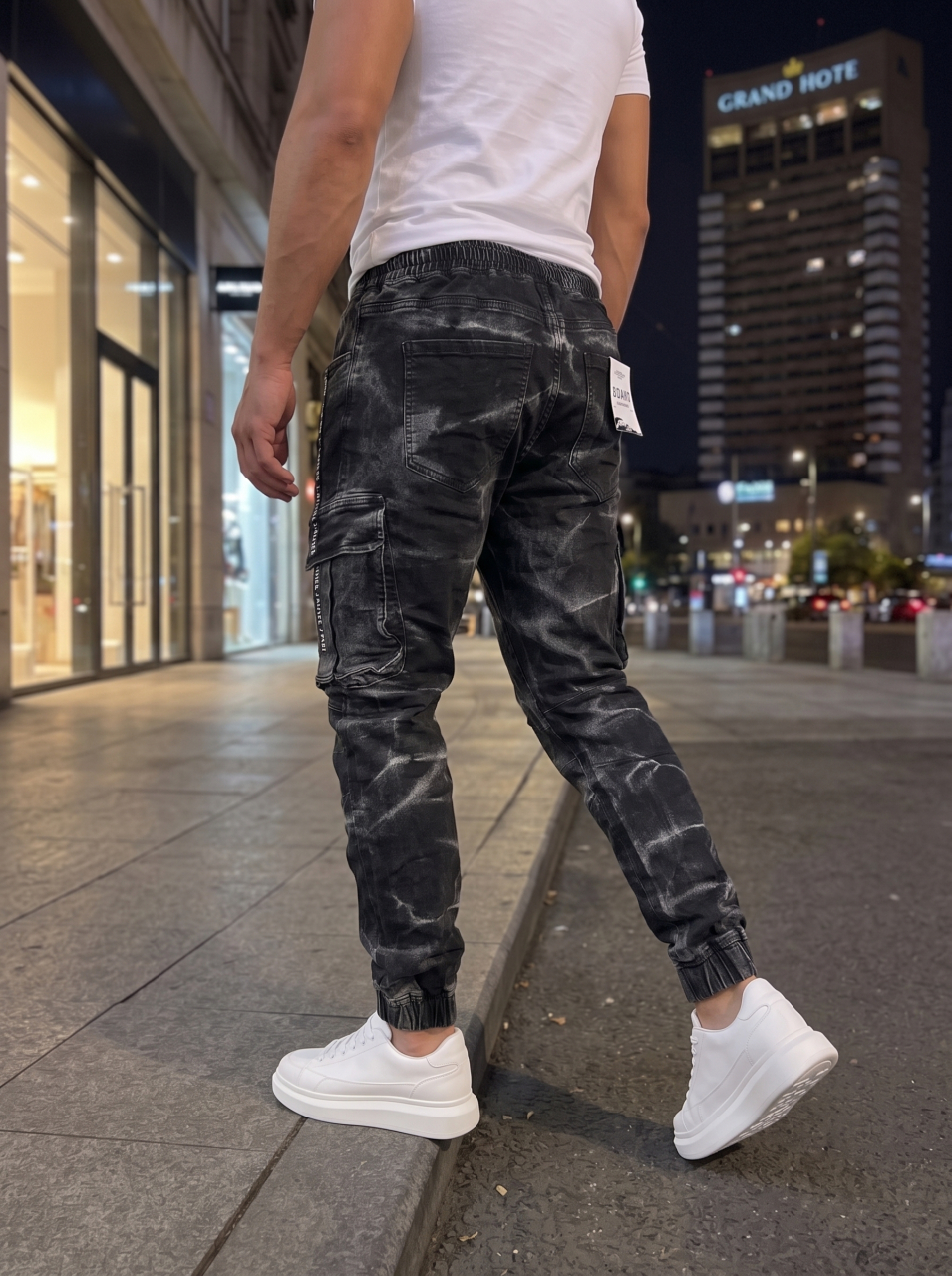 Blugi Jogger Negru Marble Effect cu Elastic [2]