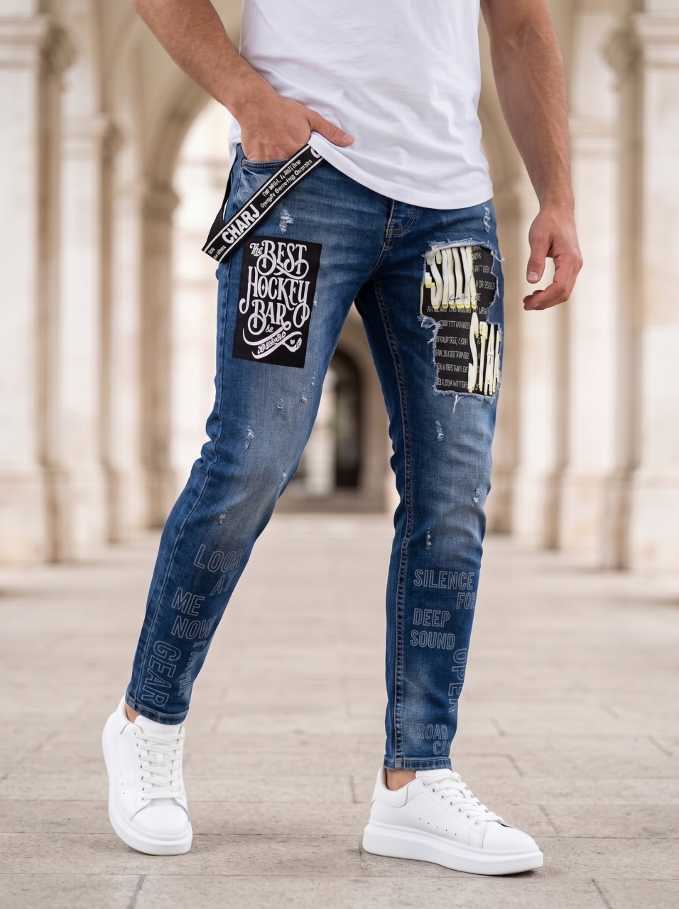 Blugi Slim Fit Albaștri cu Bretea și Imprimeuri [2]