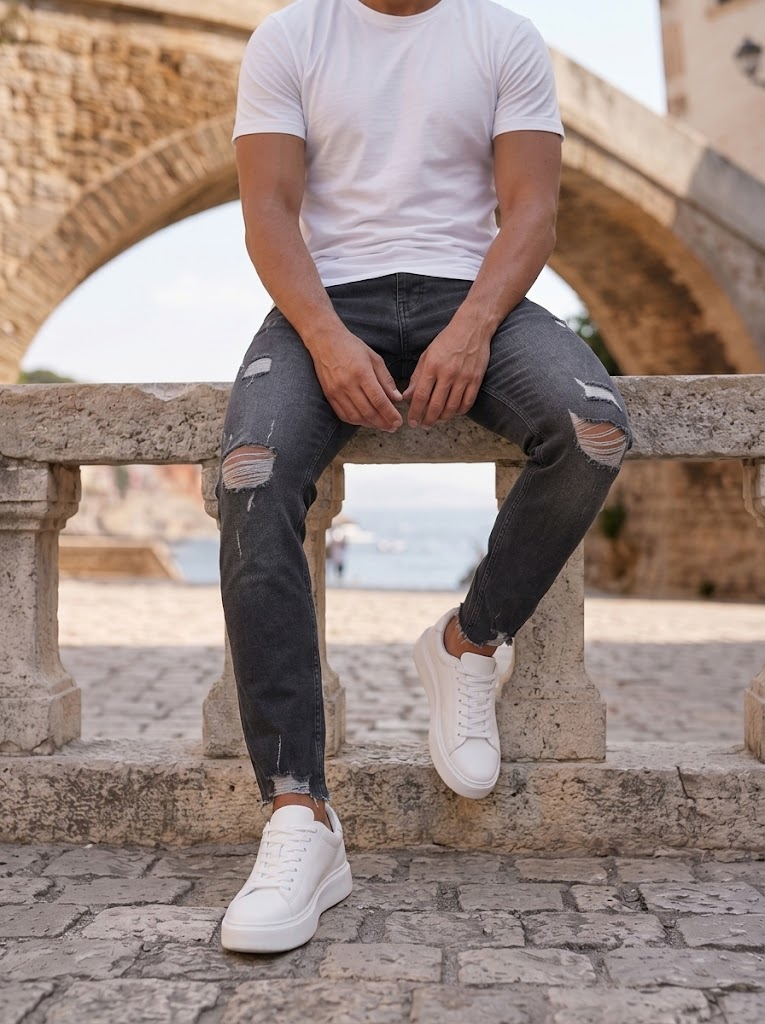 Blugi Slim Fit Denim Gri Antracit cu Tiv Nefinisat [3]