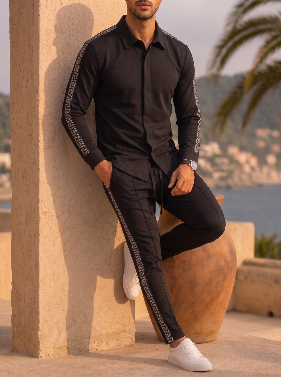 Compleu Negru Banda Greceasca Camasa si Pantaloni Satinat [3]