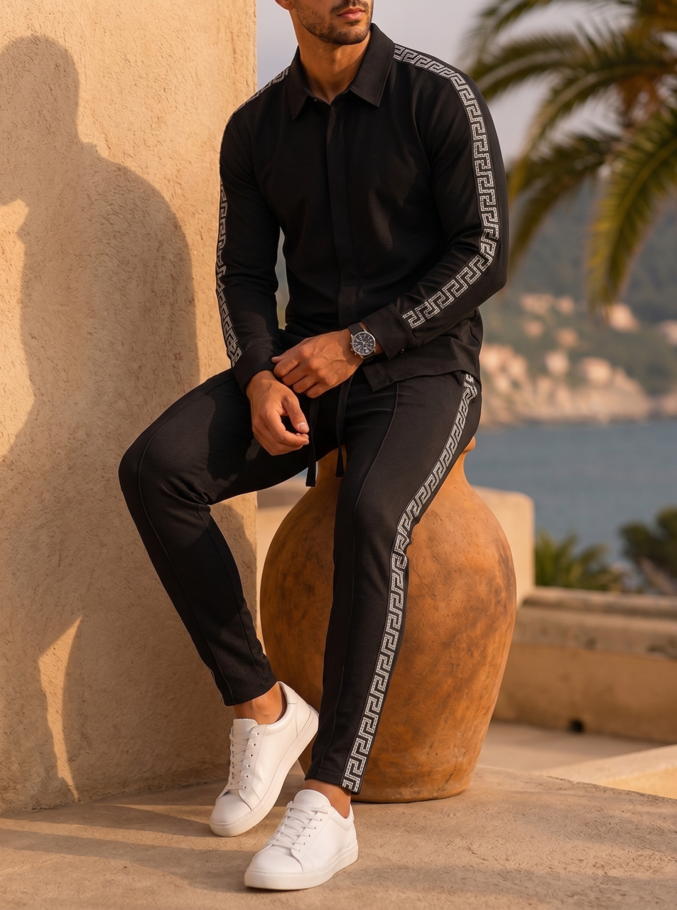 Compleu Negru Banda Greceasca Camasa si Pantaloni Satinat [2]